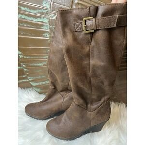 ANA Brown Wedge Heel Riding Boots Tall Faux Suede Womens Size 5